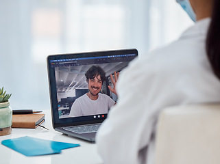 Image showing Video call, covid telehealth and patient on laptop screen with doctor in healthcare consultation, virtual support or advice. Zoom call, pc technology and medical worker consulting man in corona virus