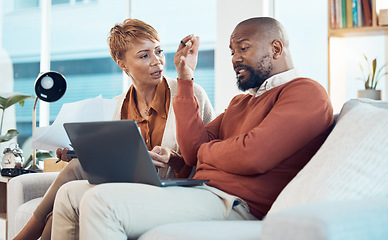 Image showing Laptop, black couple with stress for financial audit, tax debt or house mortgage in living room. Bad finance, tech or black woman and man or worried with savings documents or bill payment paper