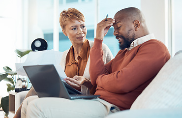 Image showing Mature couple, debt and money stress, laptop admin and budget documents, finance anxiety and inflation, savings or tax problem at home. Headache man, frustrated woman and black people bankruptcy risk