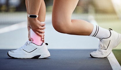 Image showing Woman, ankle pain and fitness injury during healthy fitness workout or sport lifestyle training in park. Medical emergency, running accident and girl hurt muscle or inflamation in cardio exercise