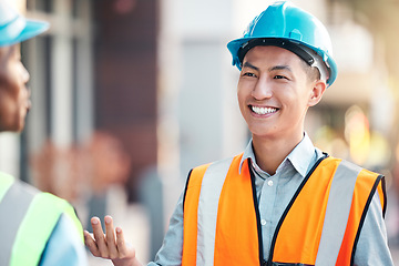 Image showing Architect team talking, collaboration and teamwork in construction site planning building strategy. Engineer men working together on plans, smile or architecture information for a project outdoor