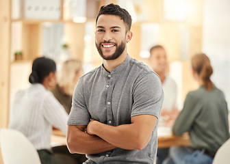 Image showing Portrait, businessman and arms crossed in office or meeting with smile. Leadership, vision and happy male manager, ceo or company leader with goals, targets and success mindset in corporate workplace