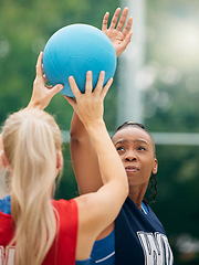 Image showing Sport, athlete and competition, netball and fitness outdoor with young school or college team playing game. Diversity, exercise and training outside, competitive girl in sports and workout.