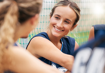 Image showing Women, friends or bonding on fitness court in workout break, training exercise or netball game, match or competition. Happy smile, sports player students or winner strategy planning in team building