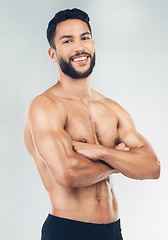 Image showing Man, nude fitness portrait and healthcare wellness for body care motivation lifestyle. Young naked sports person, healthy beauty model and exercise bodybuilding training in white background studio