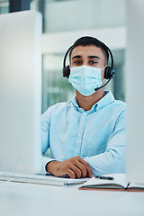Image showing Covid, call center agent or customer service consultant with computer desktop for policy, compliance or insurance IT support. Telemarketing, virtual advisor man portrait consulting with a face mask