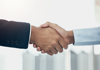 Image showing Business people shaking hands, partnership and meeting, consulting and networking agreement, hiring deal and b2b goals, welcome and company trust. Corporate handshake, thank you and teamwork support