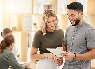 Image showing Digital tablet, happy and business people team collaboration in office by laughing colleagues joking about digital marketing. Man, woman and advertising workers reading funny proposal during meeting