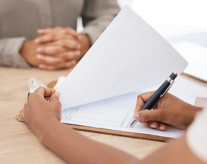 Image showing Legal paperwork, signature and document in an office for interview, insurance form or contract with agent during a meeting. Woman writing on paper for healthcare policy, tax or loan application