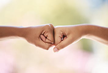 Image showing Fist bump, support and business people meeting for a goal, partnership and collaboration in office at work. Contract, teamwork and employees with trust, motivation and success at a corporate company