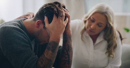 Image showing Sad, stress and depression people in therapy for mental health support, empathy and professional help of woman giving advice or listening to problem. Depressed, anxiety and cry man with psychologist