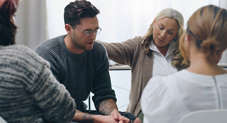 Image showing Man, counseling support and group therapy discussion of mental health, mind healing and wellness. Therapist, psychology counselor and psychiatrist help people with anxiety, work stress and depression