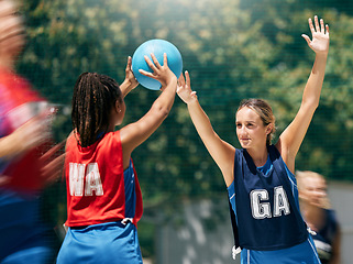 Image showing Sports, women and basketball competition at outdoor basketball court for training, exercise and match. Fitness, basketball player and team compete for ball in game, workout and physical performance