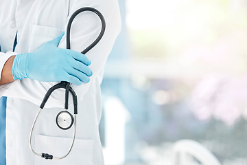 Image showing Doctor, hand and stethoscope for medical healthcare test results in cardiology and medicine. Hospital innovation, research and consulting female in pharmacy help with heart rate test or equipment