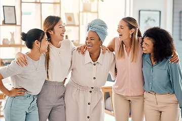 Image showing Happy business people, women empowerment and diversity team, collaboration and motivation, employee engagement and support in startup office. Laughing group, female friends and marketing agency staff