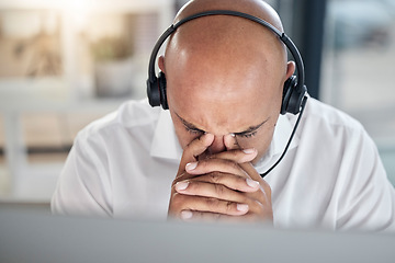 Image showing Burnout call center or consultant black man with headache for 404 computer error, financial stress or customer service with anxiety. Mental health, depression or sad fatigue hotline male employee