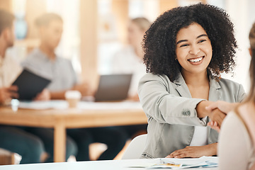 Image showing Business people, handshake and success in office, partnership or contract deal. Shaking hands, b2b or onboarding, welcome employee to company or trust, thank you or negotiation and crm agreement.