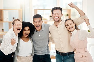 Image showing Success, excited and portrait of team in the office celebrating successful business meeting. Teamwork, collaboration and happy business people in celebration for achievement, winning and victory