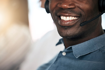 Image showing Customer support, black man and smile of a telemarketing worker on a call. Happy internet call center employee working on customer service, digital consultant work and contact us communication