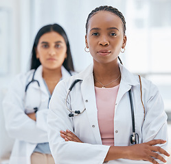 Image showing Healthcare, women and success, doctors with leadership mindset in hospital or clinic. Black woman doctor, medical partnership and teamwork with diversity, successful women boss and vision in medicine