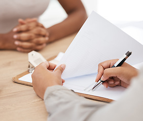 Image showing Business woman, hand and legal contract in interview, recruitment or hr worker with notes in a meeting in office. Corporate worker sign report for deal and document for paper, partnership and hiring