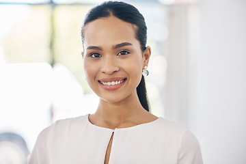 Image showing Face, portrait and smile with a black woman in business standing in her office alone at work with a positive mindset. Success, happy and motivation with a female employee working with a future vision