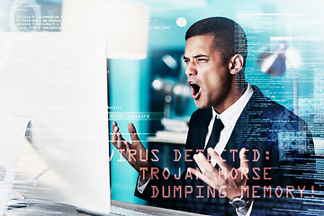 Image showing Businessman, angry and computer with virus, glitch or 404 error while working in a office with overlay or double exposure. Corporate employee upset with mistake, pc problem or stress with technology