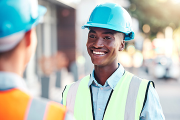 Image showing Construction, black man and architect talking, happy and conversation for collaboration project. Engineer, business and employee have discussion for strategy for building, architecture and coworker.