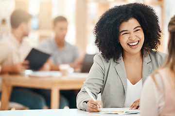 Image showing Happy black woman writing notes in office meeting, planning and strategy development with business motivation, happiness and mission for goals. Smile young business professional conversation at desk