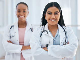 Image showing Leadership, teamwork and women doctors in partnership at hospital, proud, happy and excited for medical innovation. Health, team and portrait with support, collaboration and trust in healthcare work