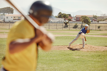 Image showing Baseball, sports and men on field during a competition, professional event and sport for fitness together. Athlete players with energy training for a game on a ground, park or in nature during summer