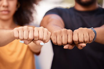 Image showing Power, fist and protest against racism, solidarity and support equality for youth to stand together. Black man, African American woman and students with hands for justice, diversity and social change