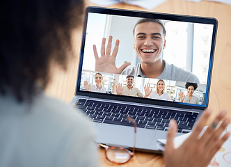 Image showing Meeting, laptop and business people on an online video call planning a corporate project together. Teamwork, collaboration and group of employees on a video conference or webinar with a computer.