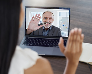 Image showing Video call, virtual business meeting and wave hand using laptop for online streaming connection for employees working worldwide. 5g network wifi, ceo leadership and corporate boss talking with staff
