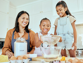 Image showing Cooking, learning and mother with children in kitchen for food, breakfast and happy in the morning. Smile, wellness and help with kids chef and mom in family home for baking, health and cake together