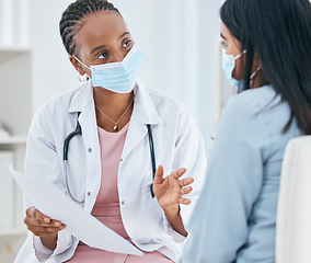 Image showing Doctor consulting patient, medical mask and communication healthcare wellness. Professional clinic nurse, surgery advice conversation and health insurance paper checklist or consultation in room