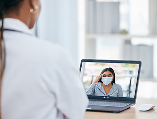 Image showing Covid, video call and remote work with a woman patient on a laptop screen meeting with her doctor online. Healthcare, medicine and corona with a female and health professional virtual consulting