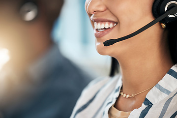 Image showing Call center, smile and woman networking in a telemarketing insurance, fintech and loan business or company. Contact us, microphone and happy worker talking, conversation and speaking to a client