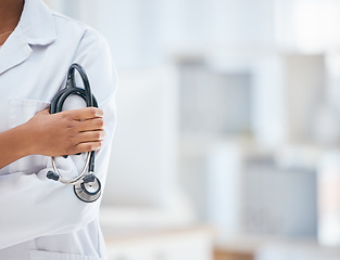 Image showing Doctor hand, stethoscope and hospital employee ready for healthcare and clinic work with mock up. Nurse, health and wellness worker with mockup in a insurance medical cardiology and nursing office