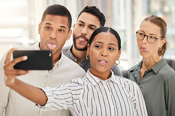 Image showing Phone selfie, business people and comic creative workers for social media, contact us and about us company website. Fun, silly and office diversity for mobile technology photography in team building