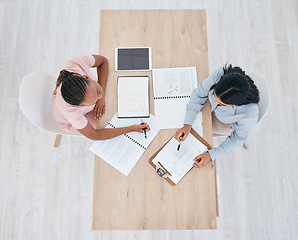 Image showing Top view, documents and teamwork of business people in office. Marketing, diversity and employees with clipboard, checklist and books brainstorming sales growth ideas, planning and solving problems.