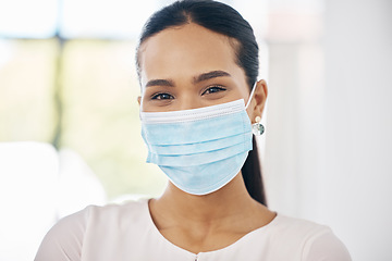 Image showing Woman, covid and mask, health and safety portrait, follow healthcare rules and regulations for protection. Young Latino person, protect against disease to be healthy, pandemic and covid 19 mockup.