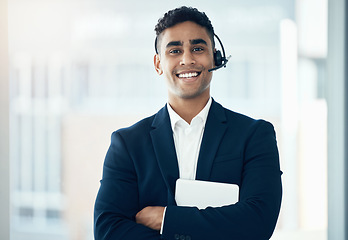 Image showing Call center, portrait and crm worker in management with a tablet at a telemarketing company with a smile. Support, customer service and happy employee with tech for online consulting and arms crossed