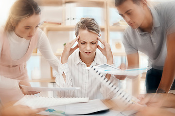 Image showing Stress, headache or manager with businesspeople pressure, paper data analysis or documents research review in marketing office. Dizzy, anxiety or burnout woman overwhelmed with intern kpi management