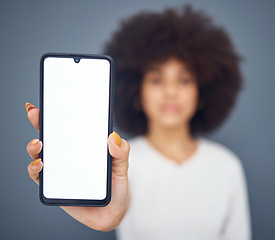 Image showing Digital, mockup and phone with hands of black woman for technology, website and internet. Social media, ecommerce and app with empty screen of mobile and customer for advertising, design or marketing