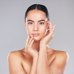 Image showing Young woman, skincare and beauty, aesthetic makeup and facial wellness treatment, natural glowing skin and body care cosmetics on studio background. Portrait of beautiful model, headshot and facelift