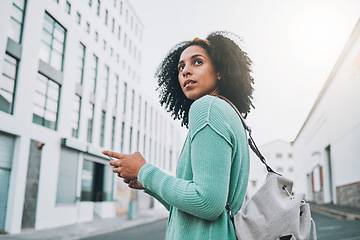 Image showing Smartphone, city and black woman student walking to campus, university or college and location search, social media, 5g network. Gen z girl on cellphone for outdoor communication in urban street