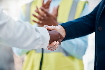 Image showing Handshake, success deal or partnership for construction worker, building engineer or architect finance, sales or investment funding. Zoom, men or architecture woman in agreement on real estate goals