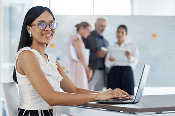 Image showing Laptop, secretary and meeting with a business woman typing while taking minutes in a boardroom for planning. Portrait, assistant and notes with a female employee in an office for strategy development