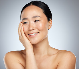 Image showing Asian beauty, skincare and wellness woman with natural makeup look, luxury facial cosmetics and spa healthcare. Health satisfaction, happy Japanese girl or aesthetic model with glowing self care skin